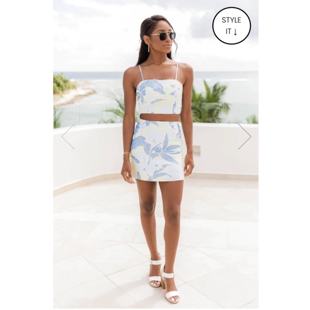 Pink Lily Blue and White Floral Two-Piece Skirt Set